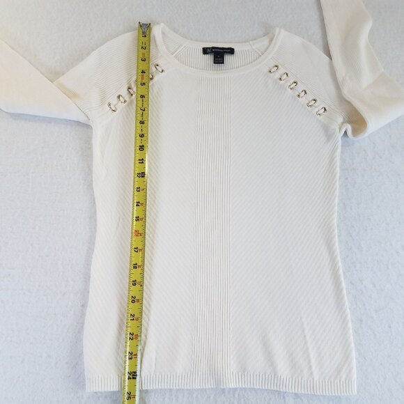 INC Ivory Ribbed Sweater Lace Up Eyelet Detail MEDIUM Long Sleeve Stretch - Picture 4 of 11